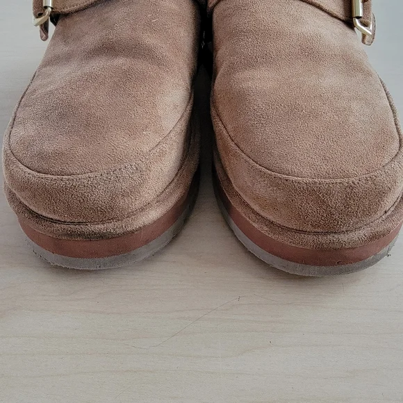 Madden Girl Grahamm Platform Tan Suede Slip-On Mules Clogs w/ Gold Buckle Size 8 - Picture 4 of 8